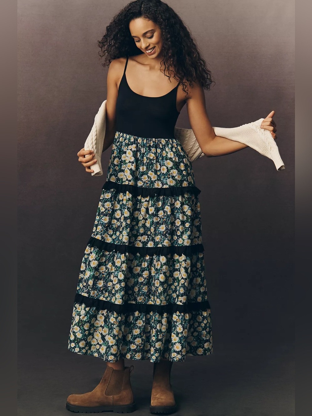 Anthropologie Black Bodice Daisy-Tiered Midi Dress size small